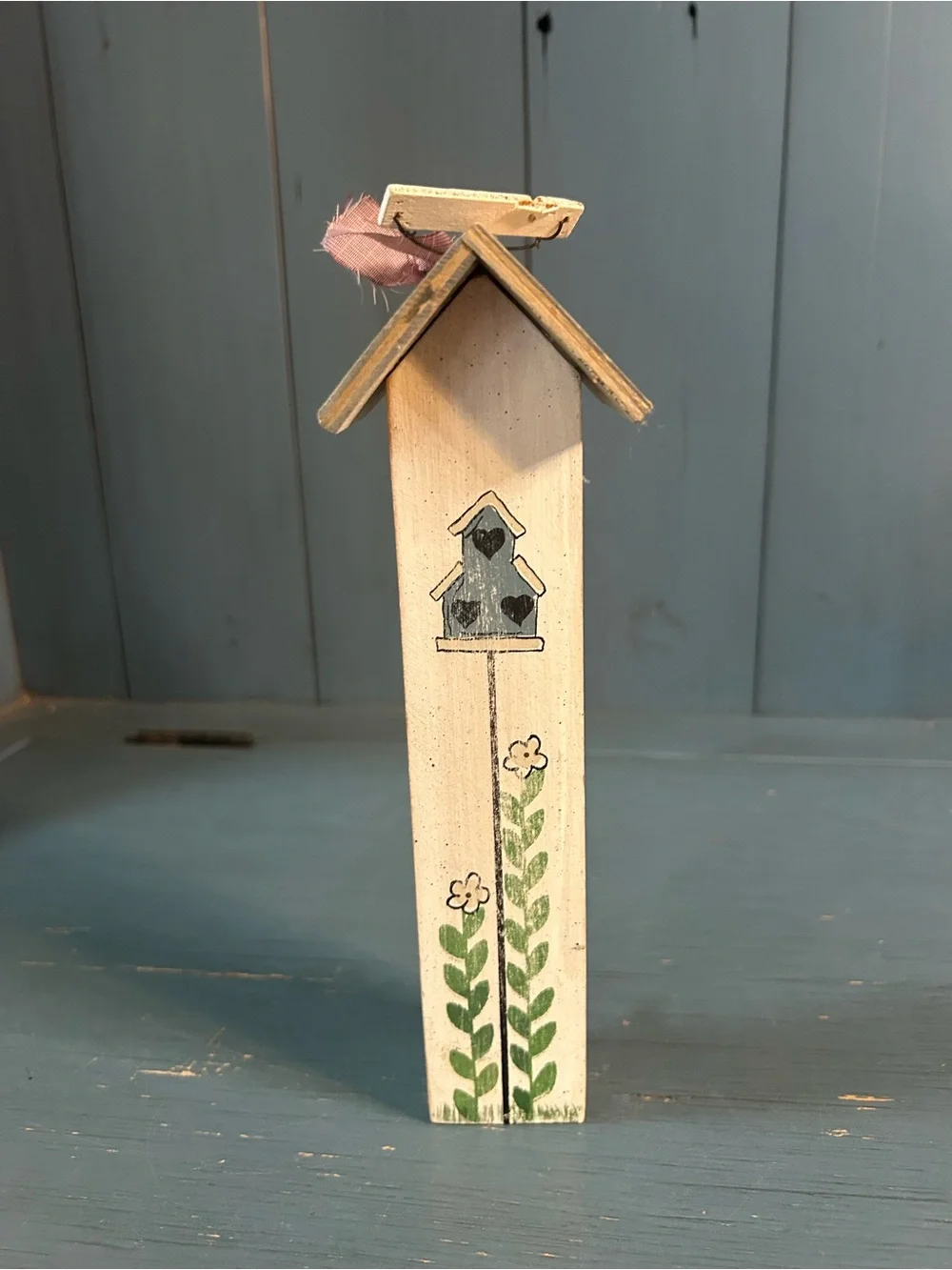 Hand Crafted White Birdhouse Wall Accent with Green Leaf and Pink Ribbon